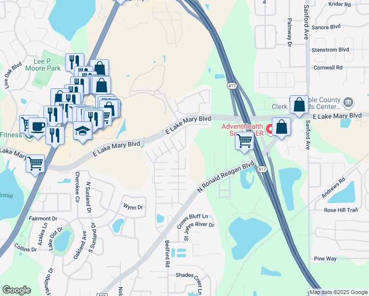 map of restaurants, bars, coffee shops, grocery stores, and more near 421 Hansom Parkway in Sanford