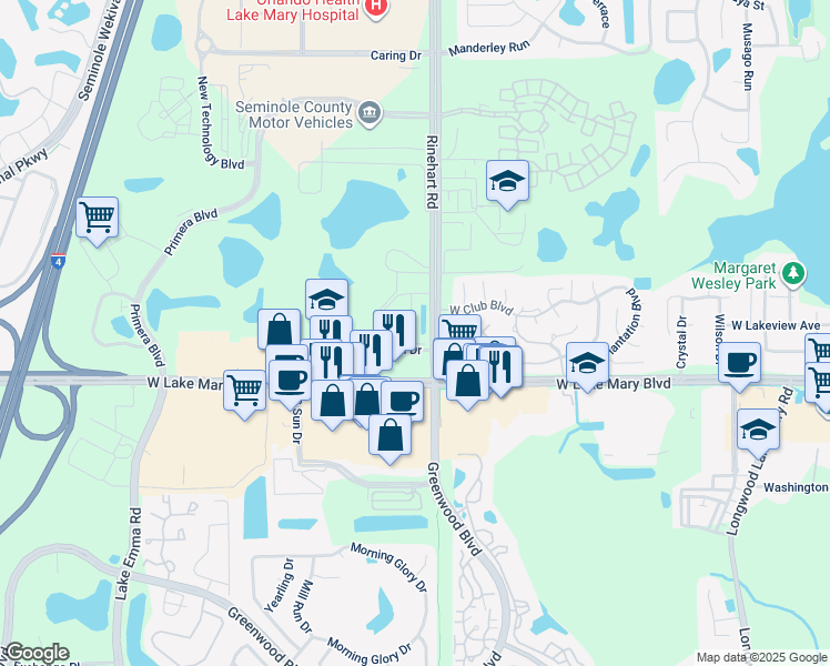 map of restaurants, bars, coffee shops, grocery stores, and more near 127 Lake Emma Cove Drive in Lake Mary