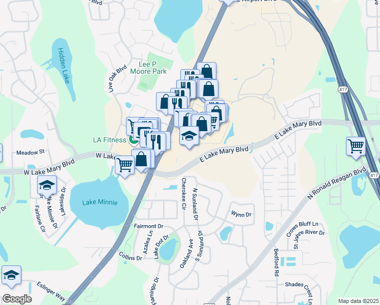 map of restaurants, bars, coffee shops, grocery stores, and more near 400 East Lake Mary Boulevard in Sanford
