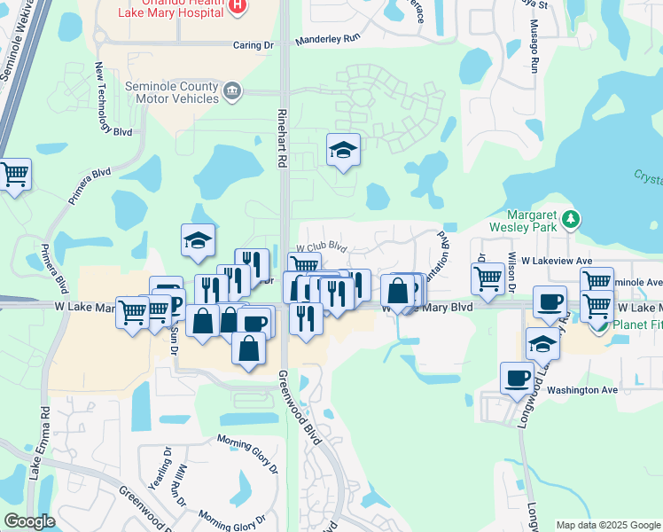 map of restaurants, bars, coffee shops, grocery stores, and more near 612 Woodland Court in Lake Mary