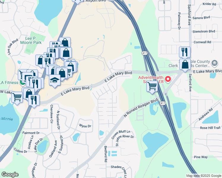 map of restaurants, bars, coffee shops, grocery stores, and more near 421 Hansom Parkway in Sanford