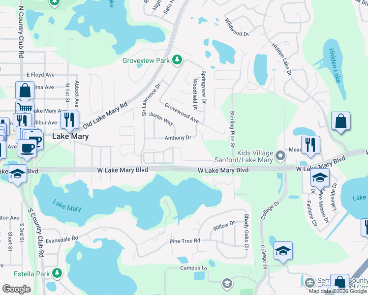 map of restaurants, bars, coffee shops, grocery stores, and more near 103 Groveview Way in Sanford