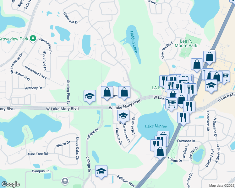 map of restaurants, bars, coffee shops, grocery stores, and more near 708 Meadow Street in Sanford