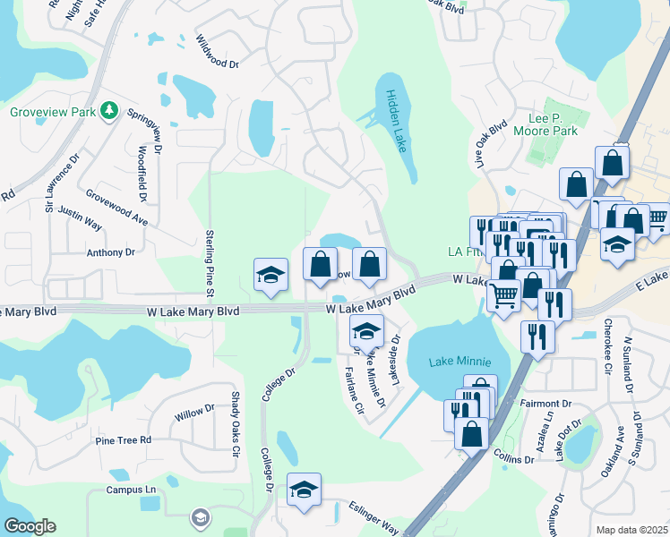 map of restaurants, bars, coffee shops, grocery stores, and more near 708 Meadow Street in Sanford