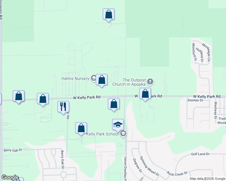 map of restaurants, bars, coffee shops, grocery stores, and more near 2015 West Kelly Park Road in Apopka