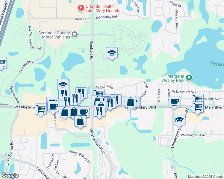 map of restaurants, bars, coffee shops, grocery stores, and more near 612 Woodland Court in Lake Mary