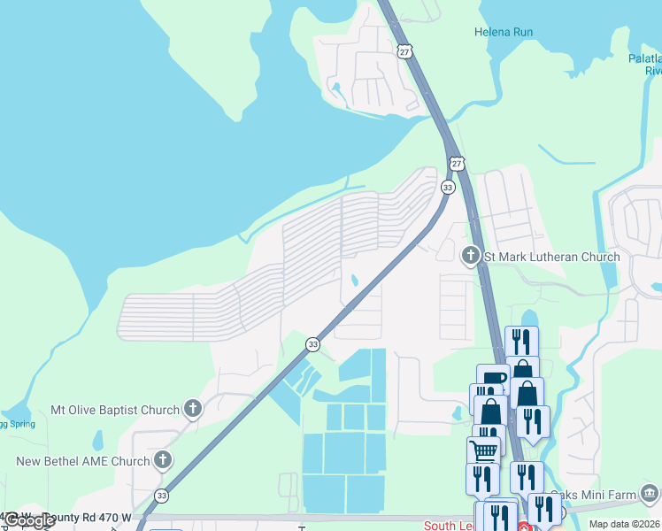map of restaurants, bars, coffee shops, grocery stores, and more near 28229 Florida 33 in Leesburg