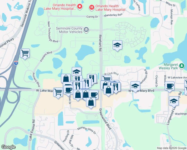 map of restaurants, bars, coffee shops, grocery stores, and more near 123 Lake Emma Cove Drive in Lake Mary