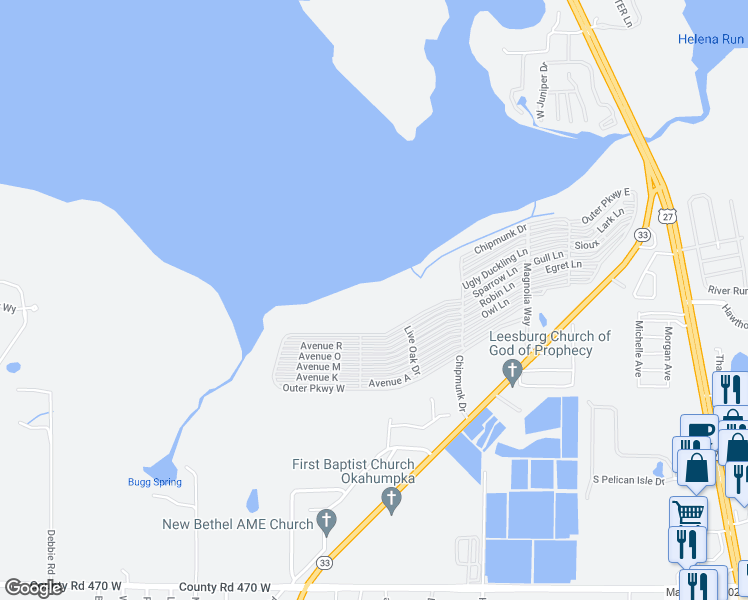 map of restaurants, bars, coffee shops, grocery stores, and more near 28229 Florida 33 in Leesburg