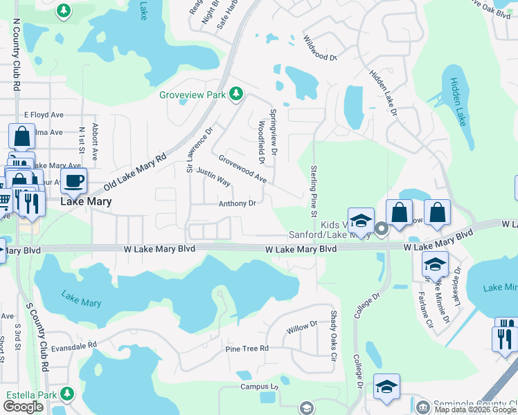 map of restaurants, bars, coffee shops, grocery stores, and more near 103 Groveview Way in Sanford