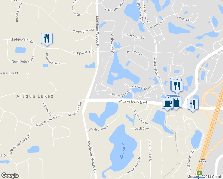 map of restaurants, bars, coffee shops, grocery stores, and more near Farrindon Circle in Lake Mary