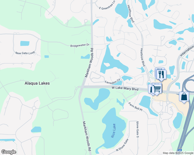 map of restaurants, bars, coffee shops, grocery stores, and more near 1431 Farrindon Circle in Lake Mary