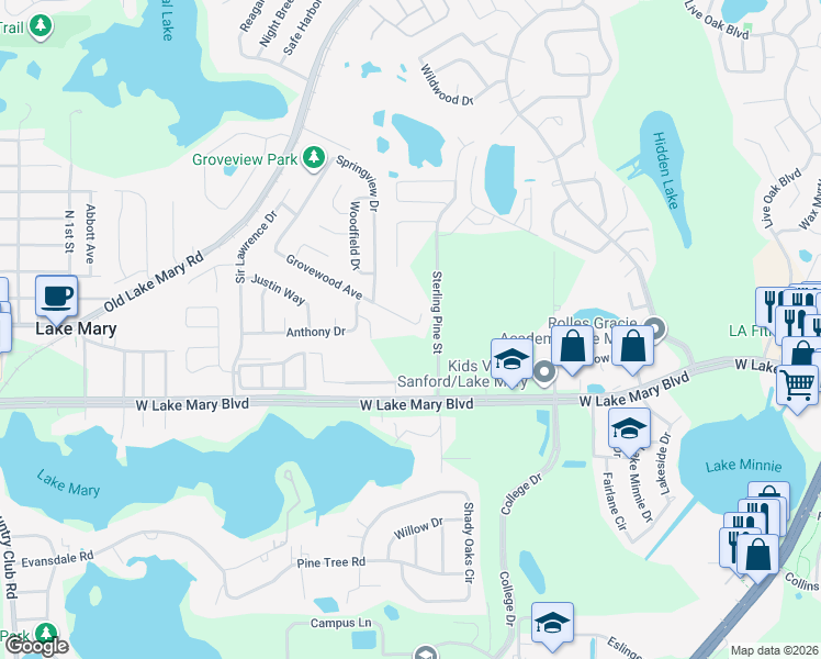 map of restaurants, bars, coffee shops, grocery stores, and more near 619 Grovewood Avenue in Sanford