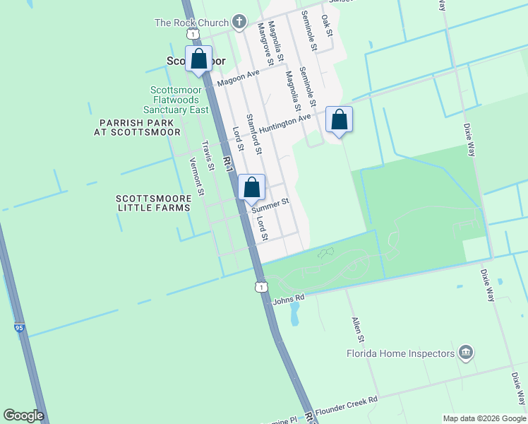 map of restaurants, bars, coffee shops, grocery stores, and more near 5710 Stamford Street in Mims