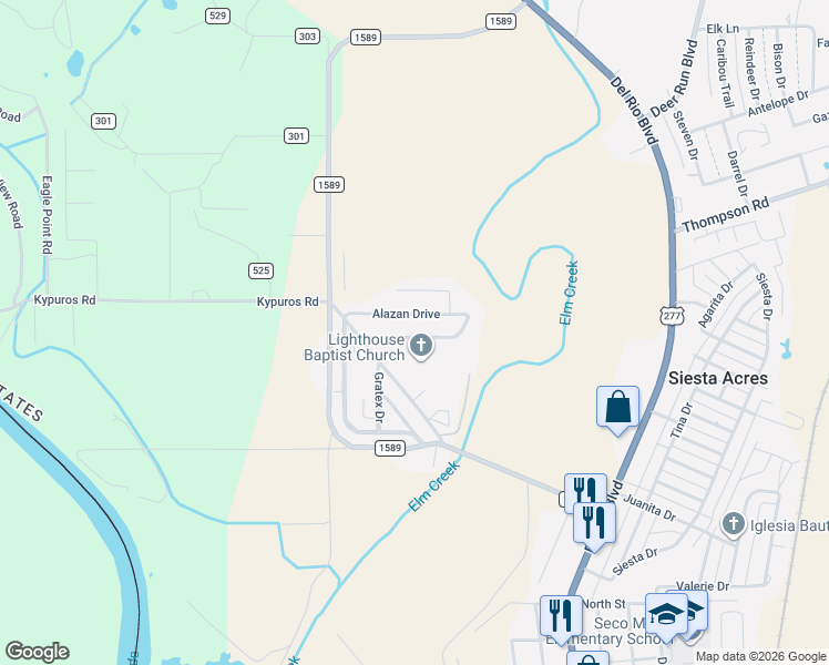 map of restaurants, bars, coffee shops, grocery stores, and more near 304 Alazan Drive in Eagle Pass