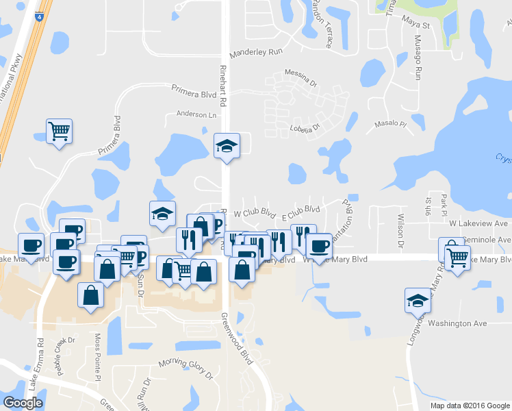 map of restaurants, bars, coffee shops, grocery stores, and more near 2809 Blue Raven Court in Lake Mary