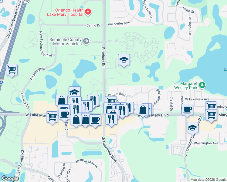 map of restaurants, bars, coffee shops, grocery stores, and more near 416 North Plantation Boulevard in Lake Mary