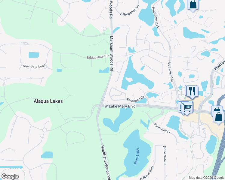 map of restaurants, bars, coffee shops, grocery stores, and more near 1523 Farrindon Circle in Heathrow