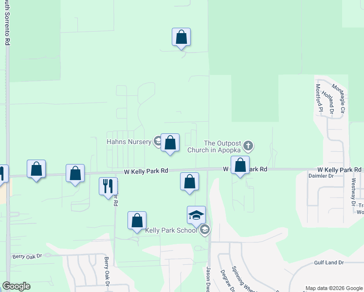 map of restaurants, bars, coffee shops, grocery stores, and more near 2015 West Kelly Park Road in Apopka