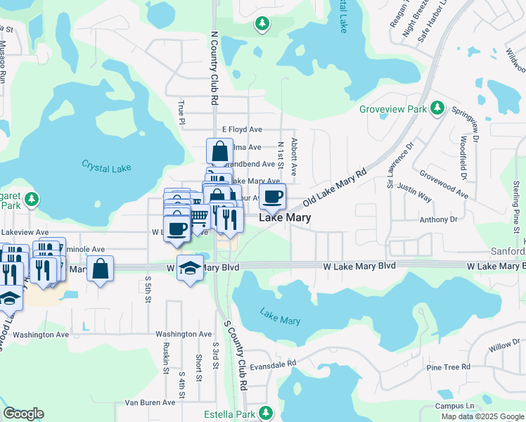 map of restaurants, bars, coffee shops, grocery stores, and more near 188 East Crystal Lake Avenue in Lake Mary