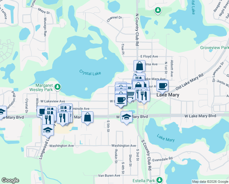 map of restaurants, bars, coffee shops, grocery stores, and more near 180 West Crystal Lake Avenue in Lake Mary
