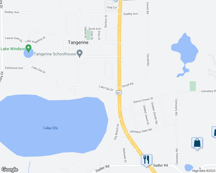 map of restaurants, bars, coffee shops, grocery stores, and more near 7011 Lake Ola Drive in Mount Dora