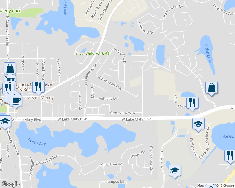map of restaurants, bars, coffee shops, grocery stores, and more near 140 Anthony Drive in Sanford