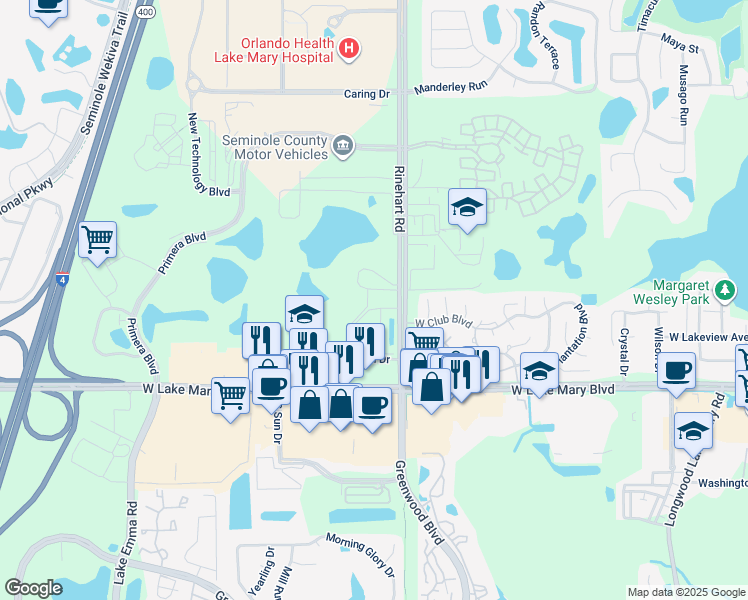 map of restaurants, bars, coffee shops, grocery stores, and more near 210 Rinehart Road in Lake Mary