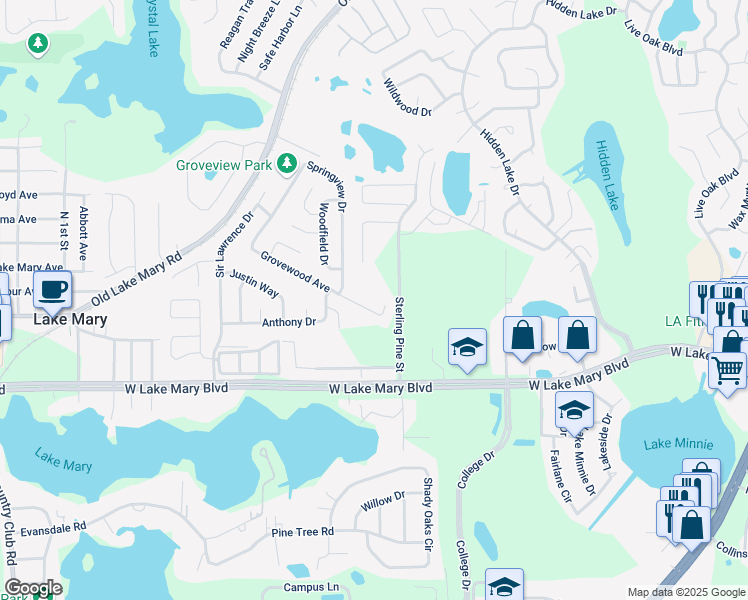 map of restaurants, bars, coffee shops, grocery stores, and more near 626 Grovewood Avenue in Sanford