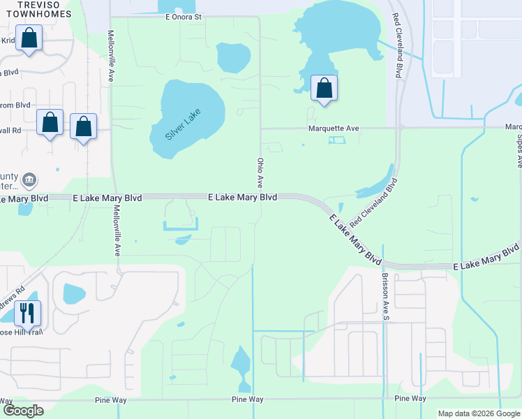 map of restaurants, bars, coffee shops, grocery stores, and more near Slivervista Boulevard in Sanford