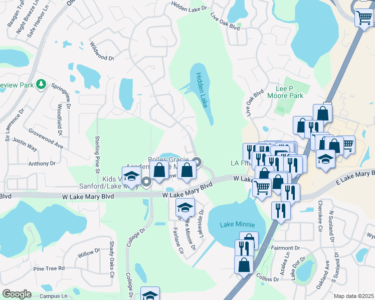 map of restaurants, bars, coffee shops, grocery stores, and more near 90 Hidden Lake Drive in Sanford
