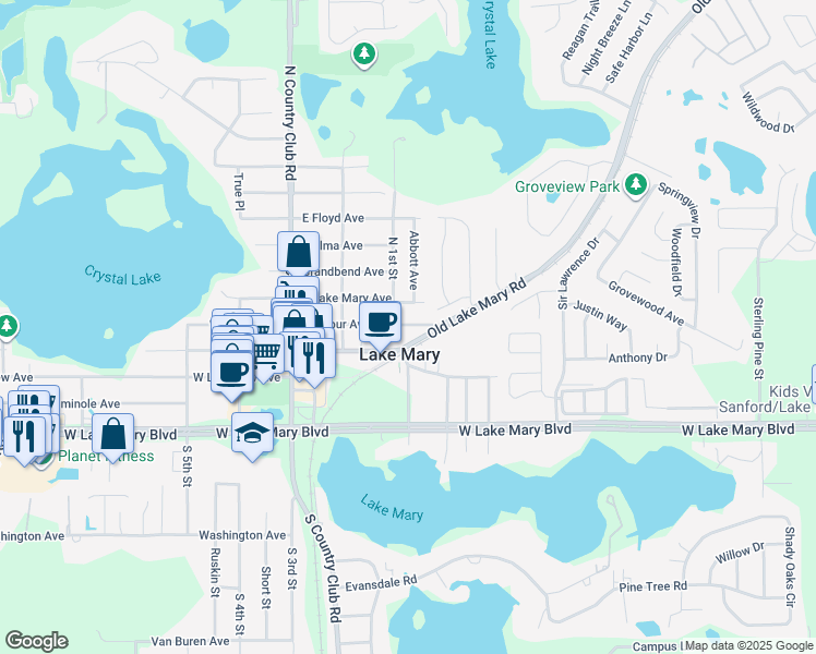 map of restaurants, bars, coffee shops, grocery stores, and more near 233 East Wilbur Avenue in Lake Mary
