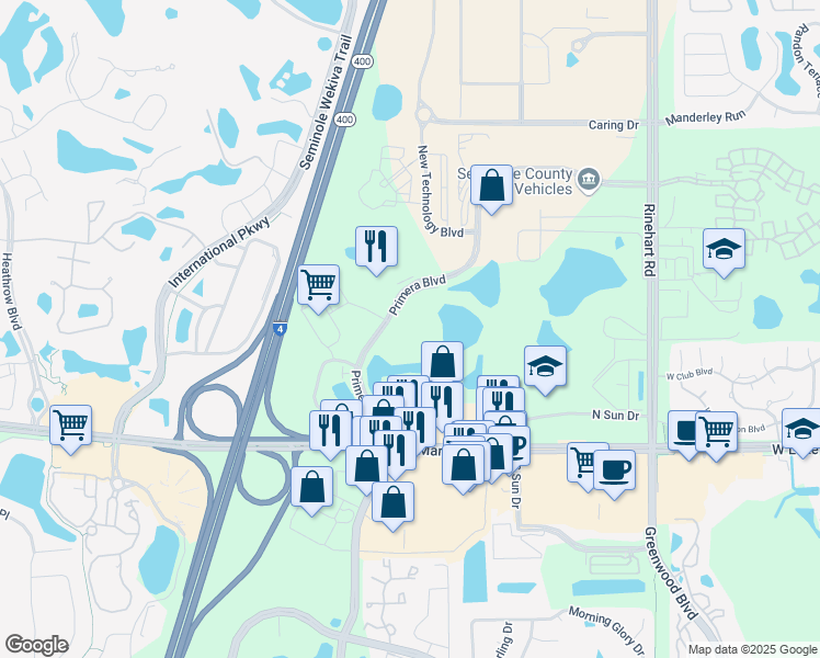 map of restaurants, bars, coffee shops, grocery stores, and more near 255 Primera Boulevard in Lake Mary