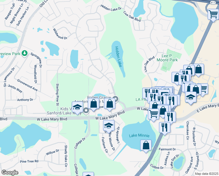 map of restaurants, bars, coffee shops, grocery stores, and more near 229 Arbor Circle in Sanford