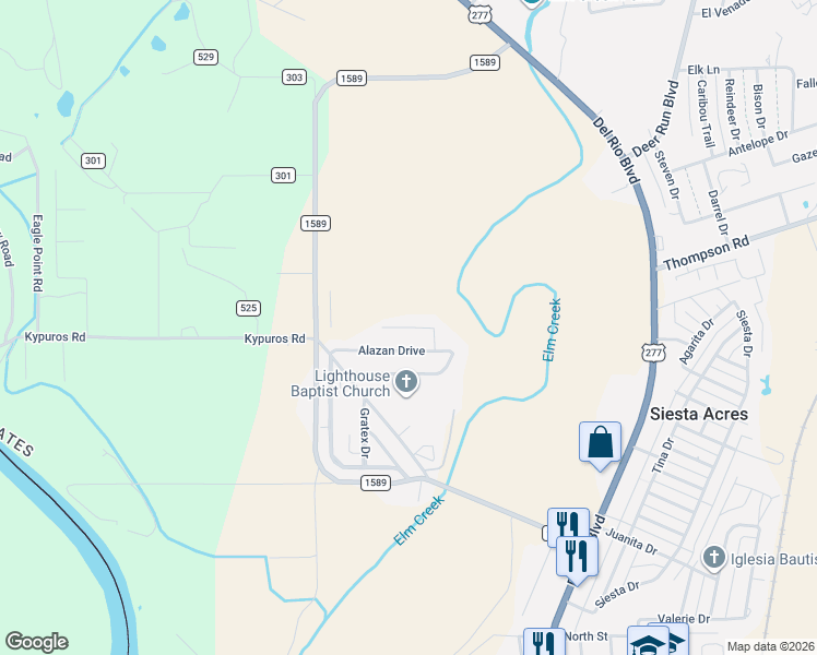 map of restaurants, bars, coffee shops, grocery stores, and more near 369 Bayo Drive in Eagle Pass
