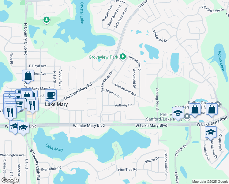 map of restaurants, bars, coffee shops, grocery stores, and more near 123 Grovewood Avenue in Sanford