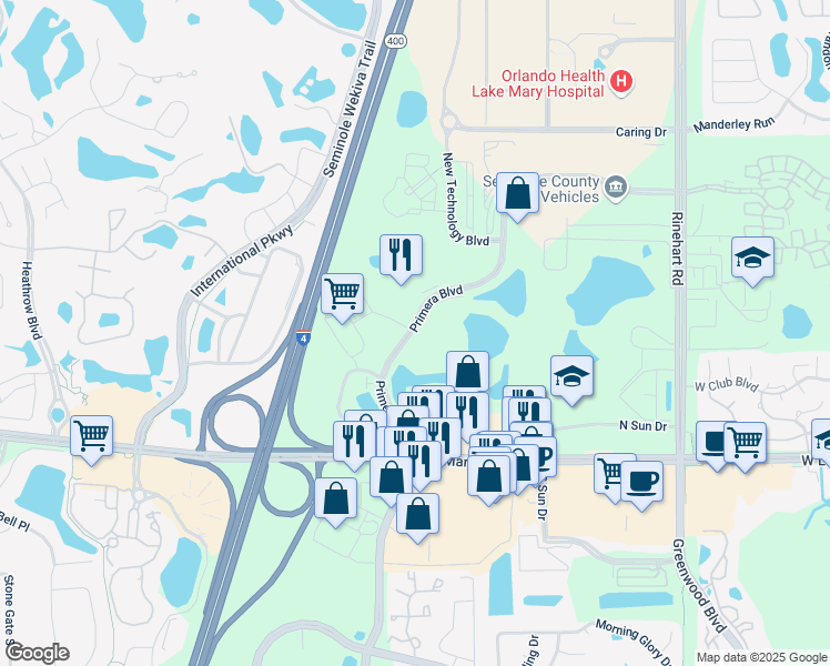 map of restaurants, bars, coffee shops, grocery stores, and more near 255 Primera Boulevard in Lake Mary