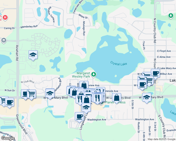 map of restaurants, bars, coffee shops, grocery stores, and more near 398 Terry Lane in Lake Mary