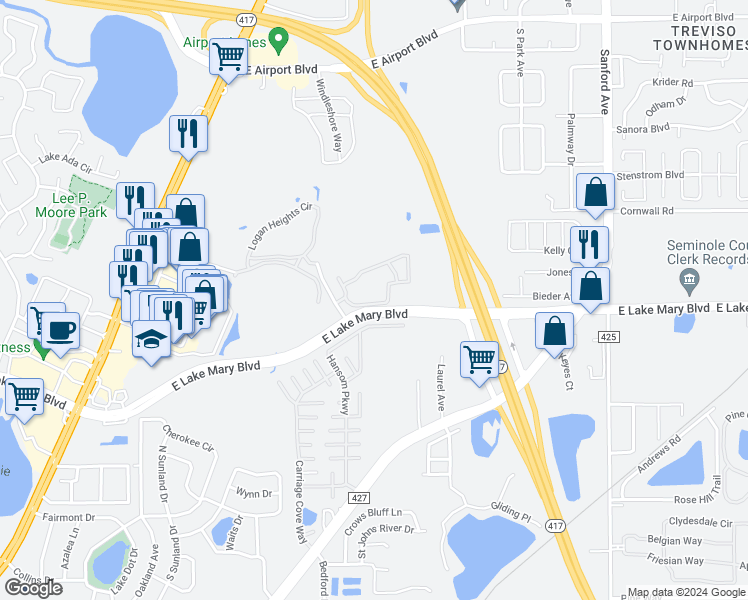 map of restaurants, bars, coffee shops, grocery stores, and more near 11 Fox Quarry Lane in Sanford
