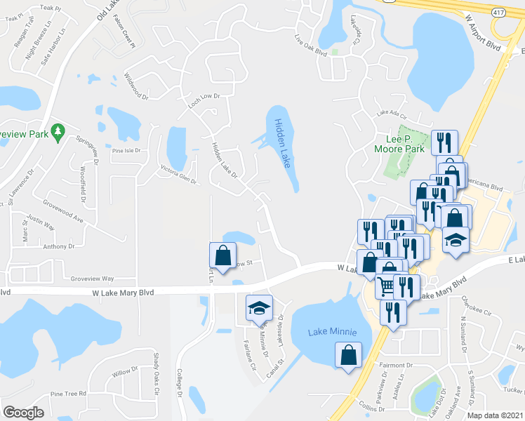 map of restaurants, bars, coffee shops, grocery stores, and more near 2917 South Orlando Drive in Sanford