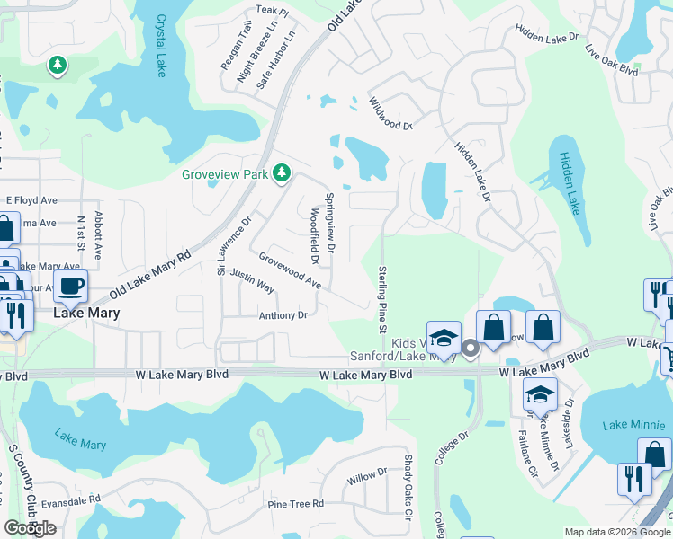 map of restaurants, bars, coffee shops, grocery stores, and more near 425 Springview Drive in Sanford
