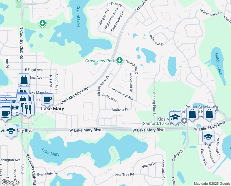 map of restaurants, bars, coffee shops, grocery stores, and more near 123 Grovewood Avenue in Sanford