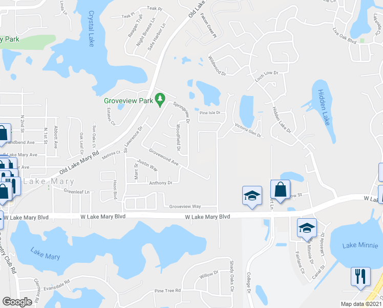 map of restaurants, bars, coffee shops, grocery stores, and more near 425 Springview Drive in Sanford