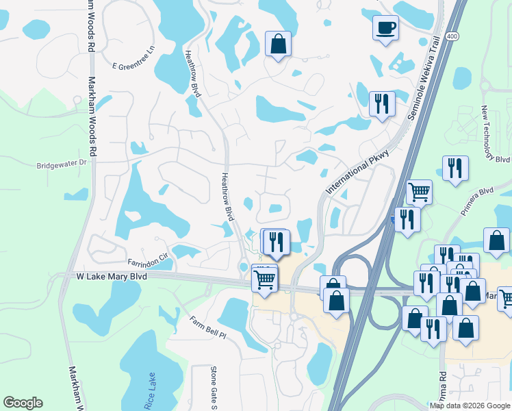 map of restaurants, bars, coffee shops, grocery stores, and more near 169 Promenade Circle in Lake Mary