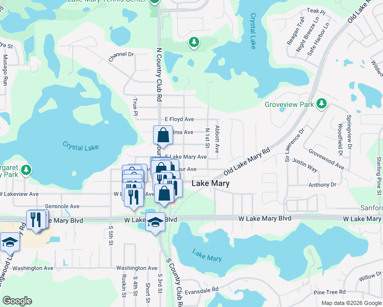 map of restaurants, bars, coffee shops, grocery stores, and more near 168 East Lake Mary Avenue in Lake Mary