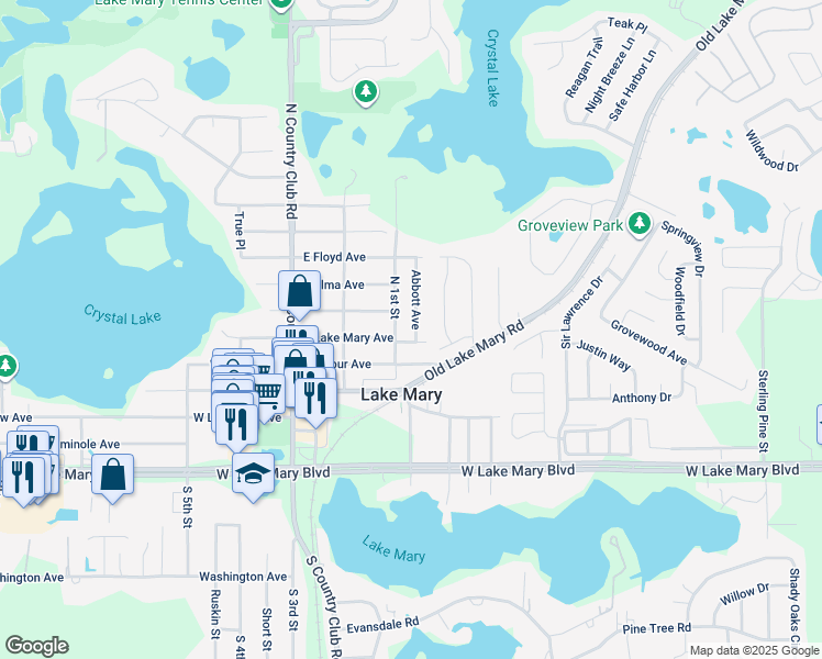 map of restaurants, bars, coffee shops, grocery stores, and more near 230 Abbott Avenue in Lake Mary