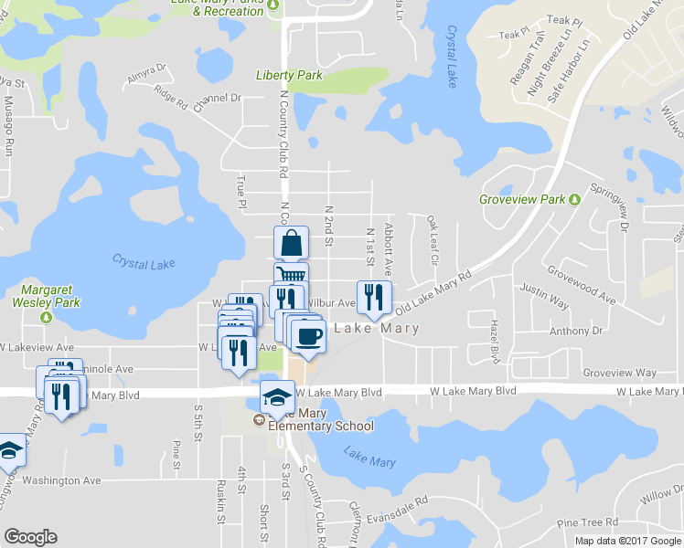 map of restaurants, bars, coffee shops, grocery stores, and more near 168 East Lake Mary Avenue in Lake Mary