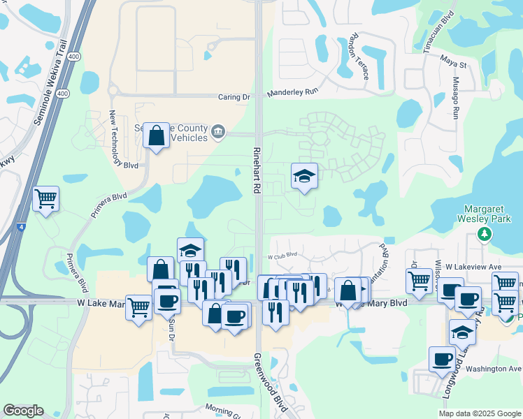 map of restaurants, bars, coffee shops, grocery stores, and more near 231 Rinehart Road in Lake Mary