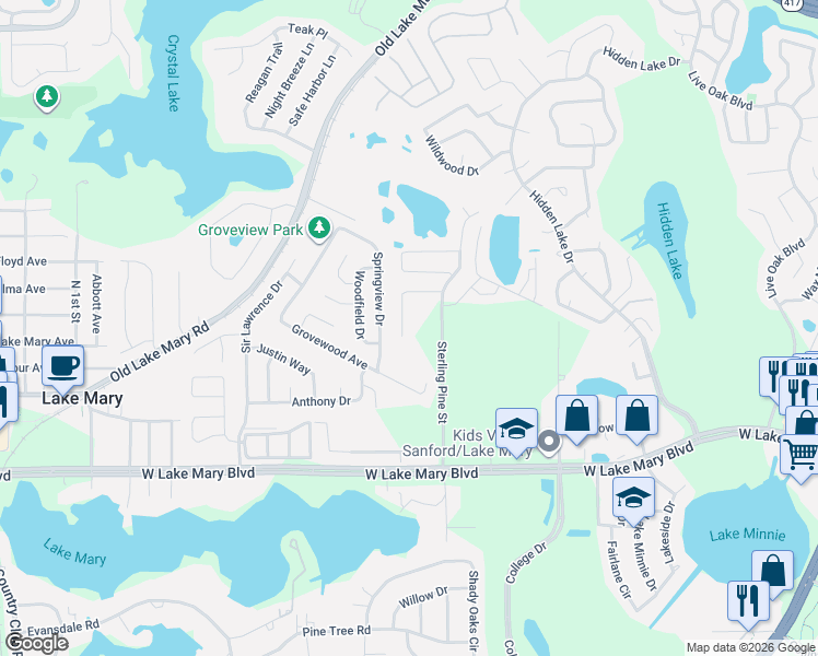 map of restaurants, bars, coffee shops, grocery stores, and more near 143 Oak View Place in Sanford