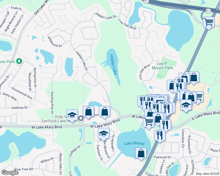 map of restaurants, bars, coffee shops, grocery stores, and more near 231 Arbor Circle in Sanford
